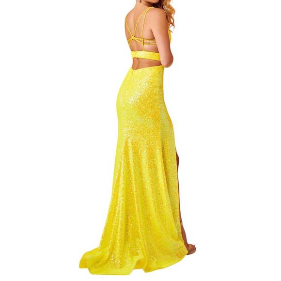 NEW RACHEL ALLAN open strappy back prom dress in yellow